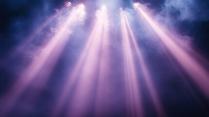 Dramatic stage lighting with purple fog illuminating a performance area, creating a vibrant atmosphere