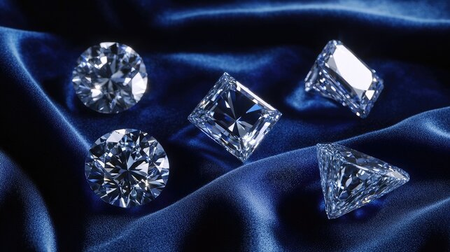 Lab-grown diamonds in round, princess, and emerald cuts, elegantly displayed on rich blue velvet, with ample copy space for text or branding