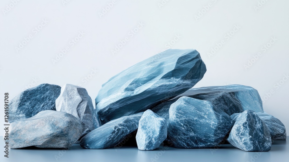 Aufkleber minimalist design of blue geometric stones and rocks arranged artfully on a clean surface, creating 