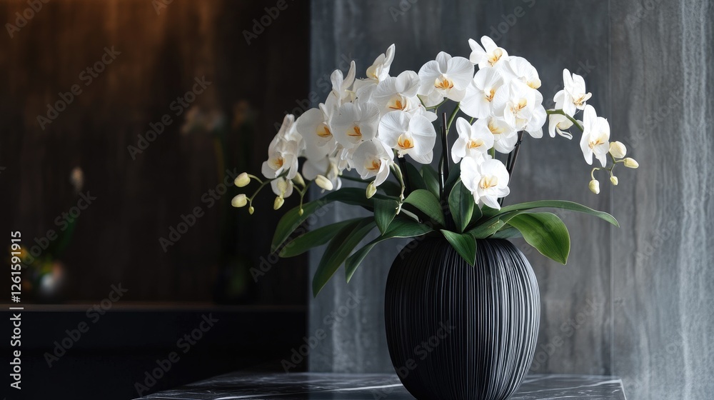 Poster orchids and lilies arranged beautifully in a black vase, placed on a luxurious marble counter amidst