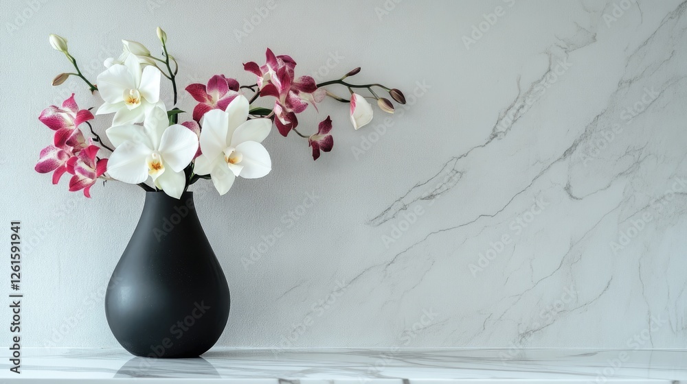 Poster orchids and lilies arranged beautifully in a black vase, placed on a luxurious marble counter amidst