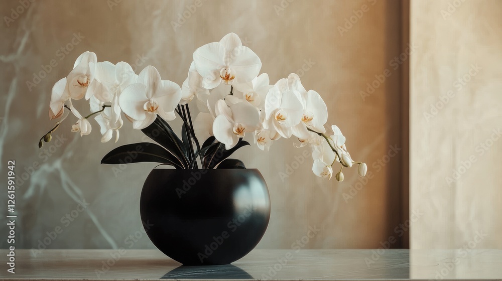 Poster orchids and lilies arranged beautifully in a black vase, placed on a luxurious marble counter amidst