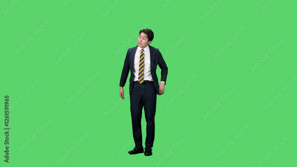 Aufkleber 仕事をしながらダンスする男性ビジネスパーソンの全身動画　クロマキー合成用グリーンバック映像