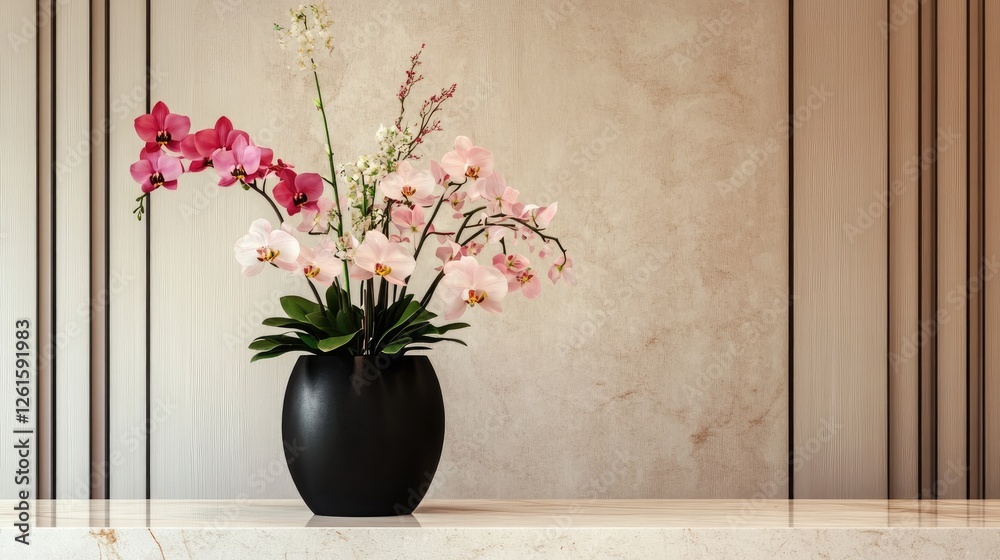 Poster orchids and lilies arranged beautifully in a black vase, placed on a luxurious marble counter amidst