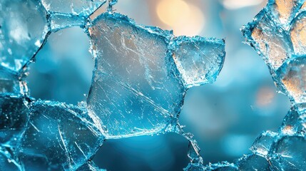 Close-up of shattered ice pieces glistening in soft blue light, creating a serene atmosphere