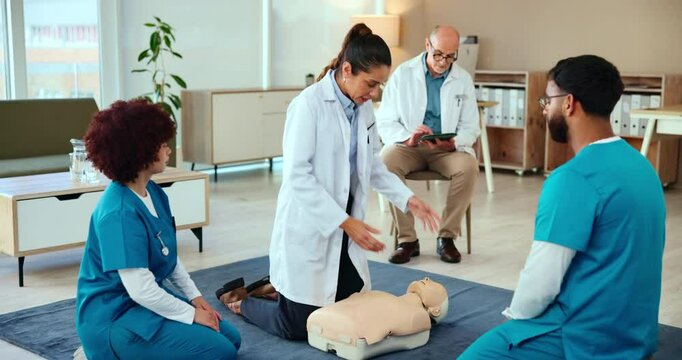 CPR training, nurse and doctor with dummy for first aid instruction, open airway technique or emergency rescue. Medical simulation, woman and safety protocol for cardiac arrest practical and learning