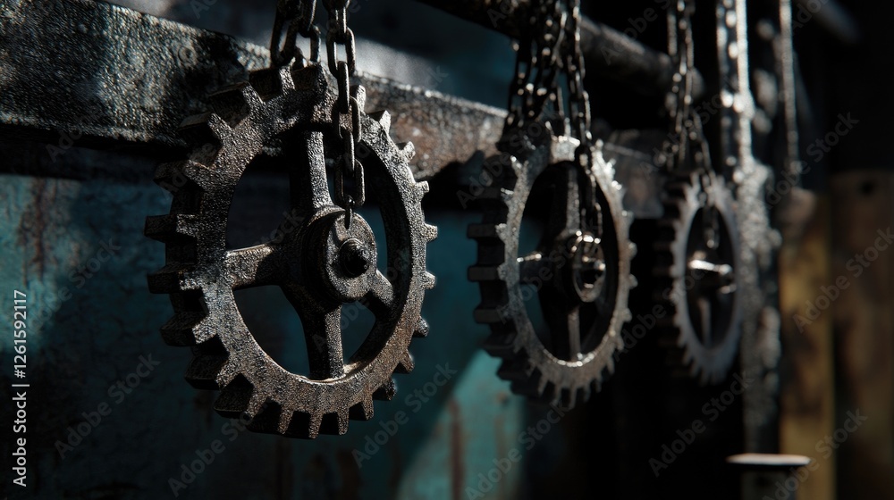 Poster rusted gears and chains hanging in an abandoned factory, with dramatic lighting casting shadows and 