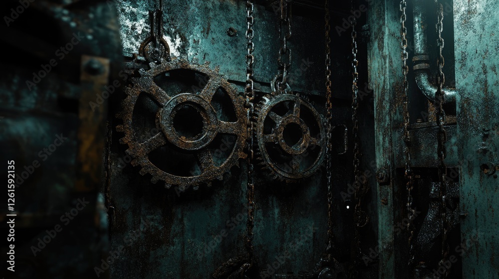 Poster rusted gears and chains hanging in an abandoned factory, with dramatic lighting casting shadows and 