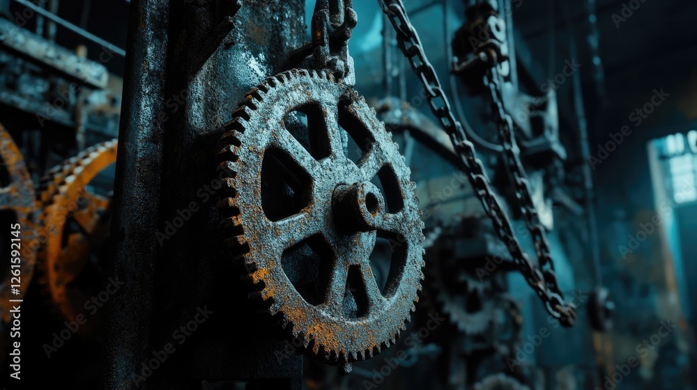 Poster rusted gears and chains hanging in an abandoned factory, with dramatic lighting casting shadows and 