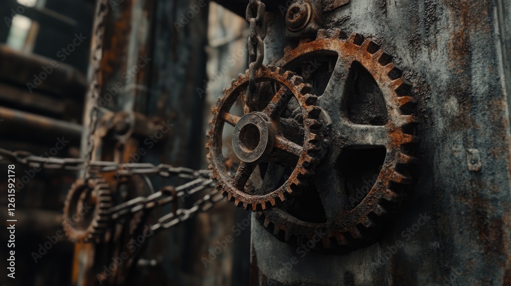 Poster rusted gears and chains hanging in an abandoned factory, with dramatic lighting casting shadows and 