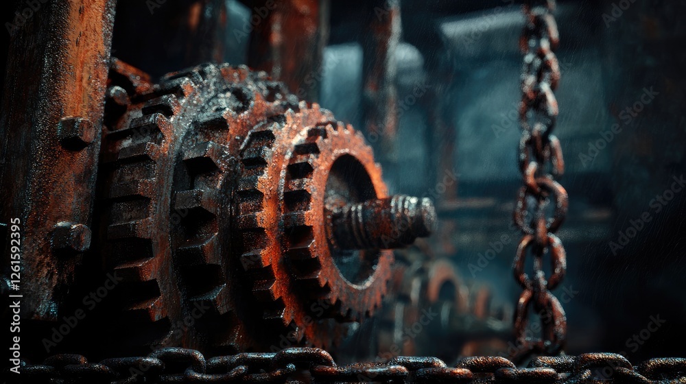 Poster rusty gears and chains in an abandoned industrial setting, with dramatic lighting and an atmospheric