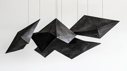 Modern abstract hanging sculptures in black, showcasing geometric shapes against a white background