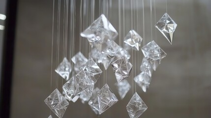 Elegant hanging crystal sculptures reflecting light in a modern interior space