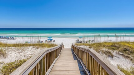 Obraz premium A coastal boardwalk with wooden stairs leading down to a sandy beach.