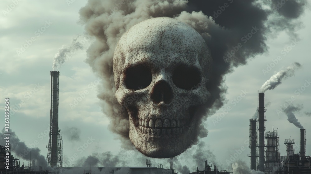 Poster smoke from industrial machinery takes the shape of a skull, visualizing the environmental dangers of