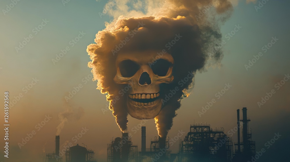 Poster smoke from industrial machinery takes the shape of a skull, visualizing the environmental dangers of