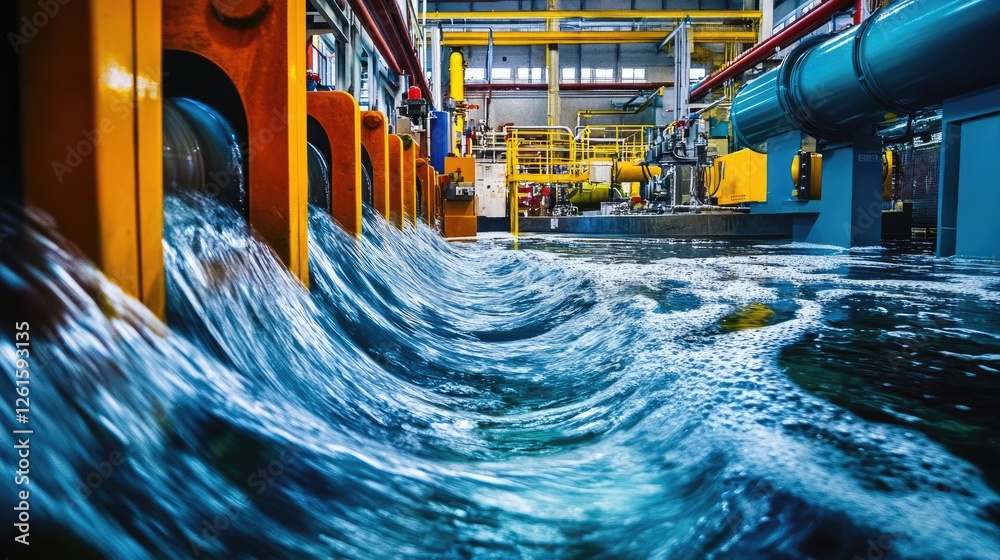 Poster The inside view of a pipe with swirling water, surrounded by colorful machinery in the background, creating an innovative and dynamic atmosphere of modern industry
