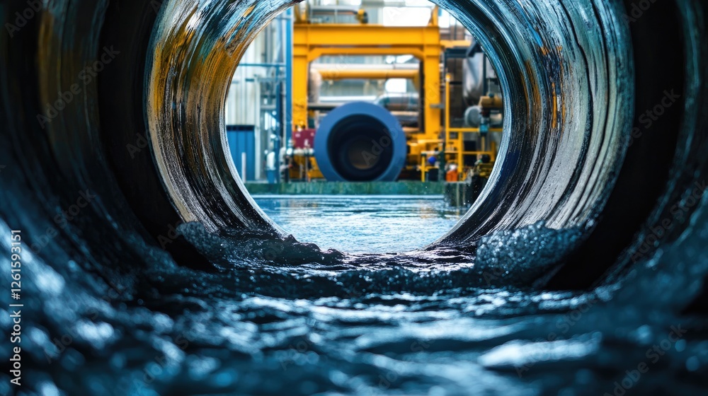 Poster The inside view of a pipe with swirling water, surrounded by colorful machinery in the background, creating an innovative and dynamic atmosphere of modern industry