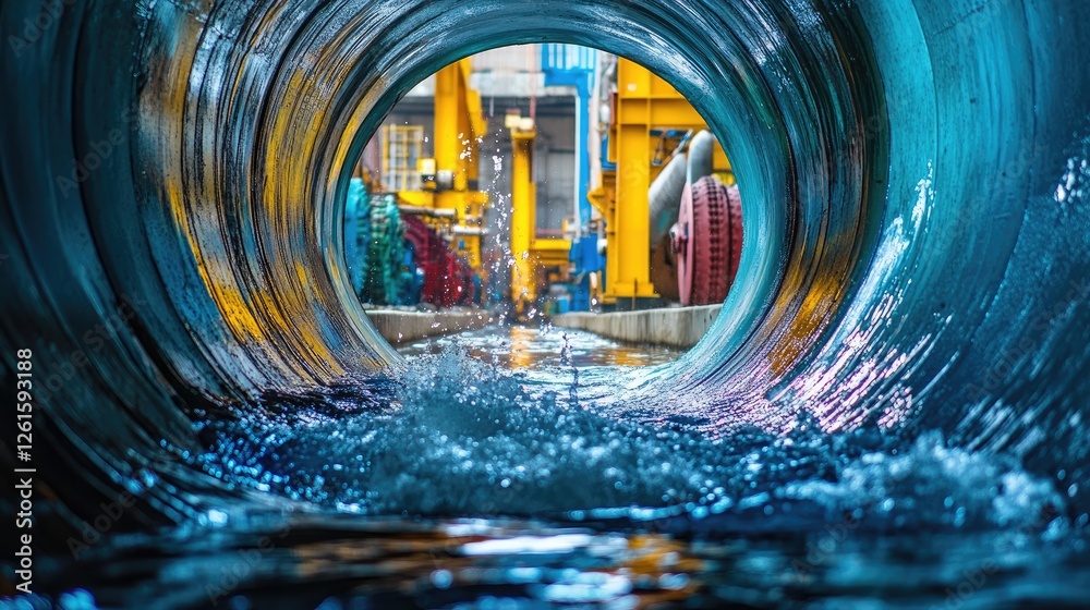 Poster The inside view of a pipe with swirling water, surrounded by colorful machinery in the background, creating an innovative and dynamic atmosphere of modern industry