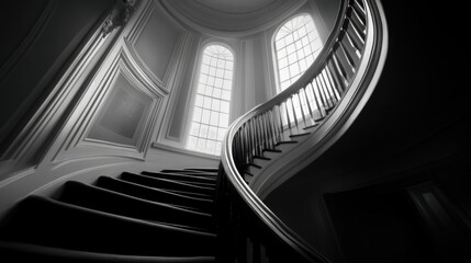 Naklejka premium A dramatic black and white photo of a staircase with strong geometric shadows.
