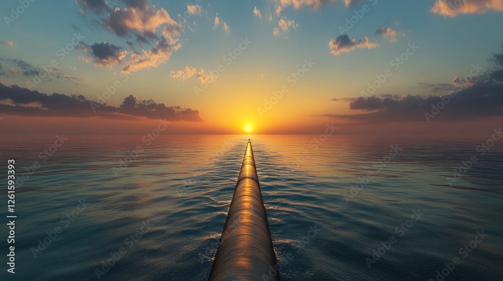 Poster the vast horizon with an oil pipeline extending into the sea as the sun sets, capturing the signific
