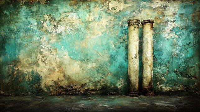 Weathered pillars stand against a teal textured wall showcasing moody atmospheric lighting. AI Generated