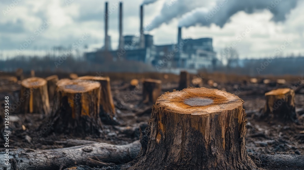 Poster tree stumps in a barren deforested landscape, with a factory in the background emitting pollutants, 