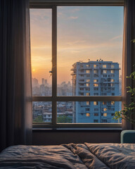 Modern Minimalist Bedroom with Simple Chair and Table Bright Afternoon Sunlight and City View from the Window Modern Interior Design Inspiration