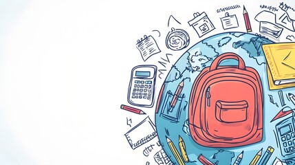 School supplies surround the world globe in a sketch drawing