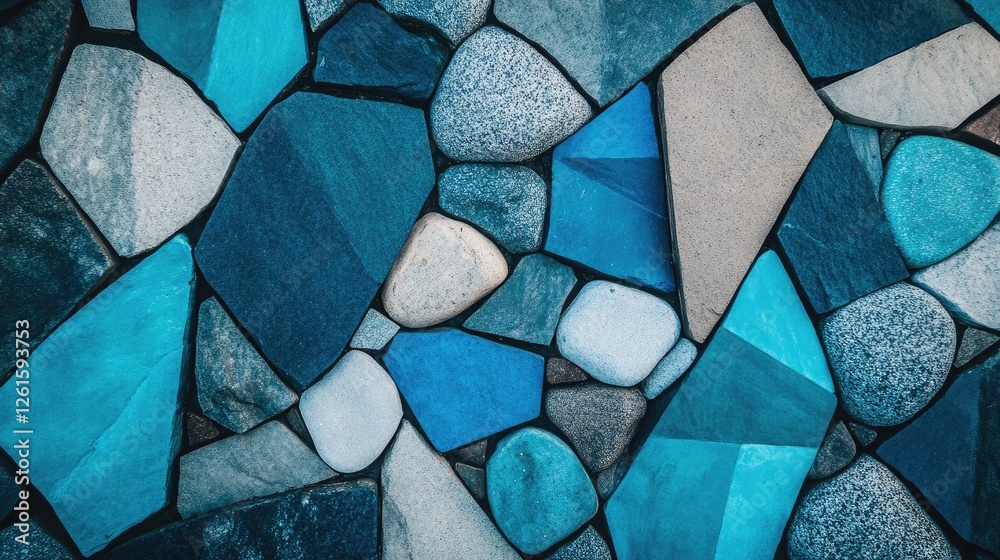 Poster unique, artistic layout of blue geometric stones and rocks, forming a minimalist yet sophisticated p