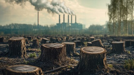 Tree stumps scattered in a deforested area, with a factory in the background releasing pollution into the air, highlighting the ecological damage caused by industrial activity