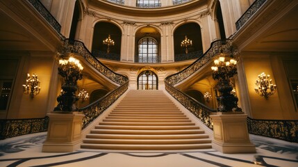 Naklejka premium A grand, marble staircase in an elegant museum with intricate railings.