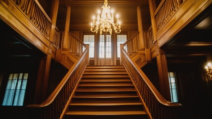 A grand staircase in a luxurious home with a large chandelier above.