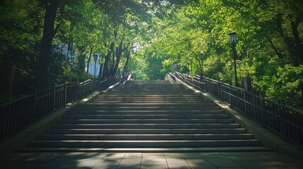 Fototapeta premium A long outdoor staircase in a green park surrounded by trees.