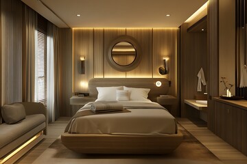 hospital room with contemporary design and warm lighting