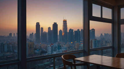 Stylish Minimalist Bedroom Featuring Simple Furniture Sunlight and Beautiful Views of City Buildings Through the Window Modern Interior Design Inspiration
