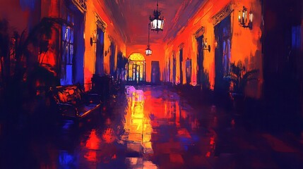 Obraz premium Warm light illuminates grand hallway rich vibrant colors painting dramatic shadows. AI Generated