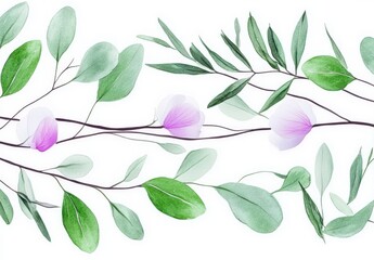 Obraz premium Elegant Botanical Illustration with Leaves and Flowers on White Background