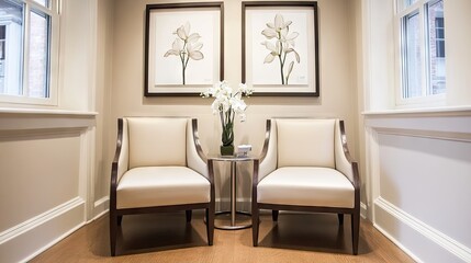 A modern waiting room with comfortable chairs and a calming atmosphere.