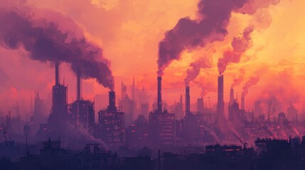 Fototapeta premium Industrial pollution rising at dusk urban cityscape digital art smoky environment wide-angle view environmental concerns