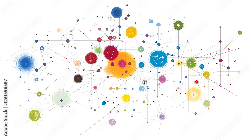 Poster connected network of abstract circles and lines in conceptual design for data visualization projects