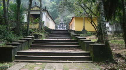 A peaceful monastery with a long flight of stairs leading to a temple.