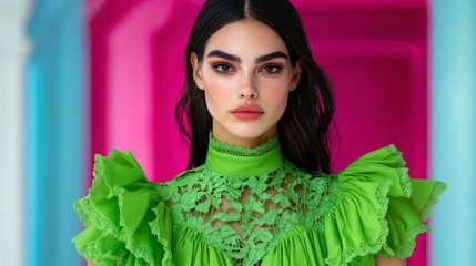 Elegant Model in Vibrant Green Dress with Lace Detail and Bold Makeup