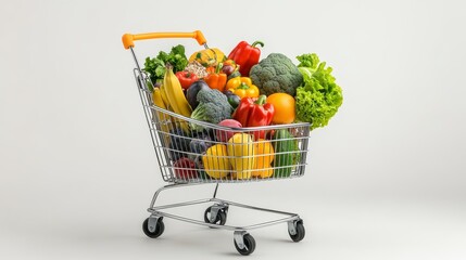 Cart full of groceries vegetables fruits isolated on a white background, World Consumer Rights Day.