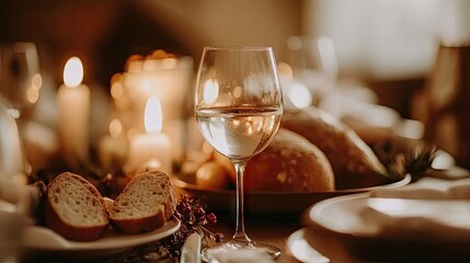 Naklejka premium A simple but elegant dinner table with a full glass of water and fresh bread.