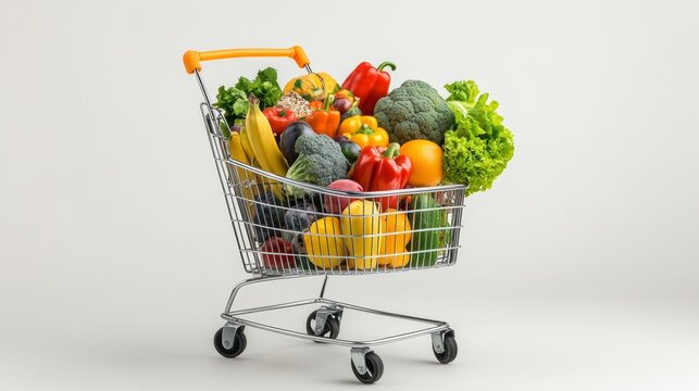 Cart full of groceries vegetables fruits isolated on a white background, World Consumer Rights Day.