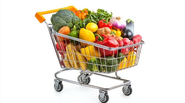 Cart full of groceries vegetables fruits isolated on a white background, World Consumer Rights Day.