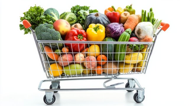 Cart full of groceries vegetables fruits isolated on a white background, World Consumer Rights Day.