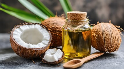 A small glass jar of coconut oil with a wooden spoon beside it.