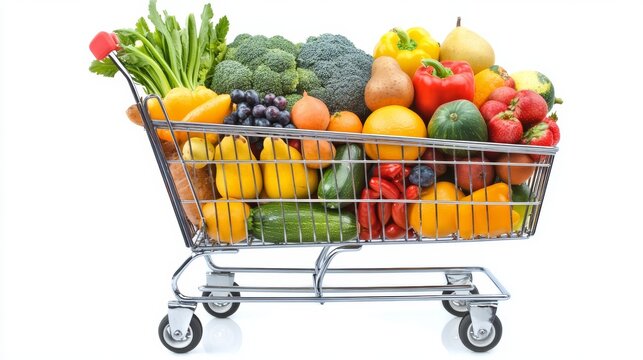 Cart full of groceries vegetables fruits isolated on a white background, World Consumer Rights Day.